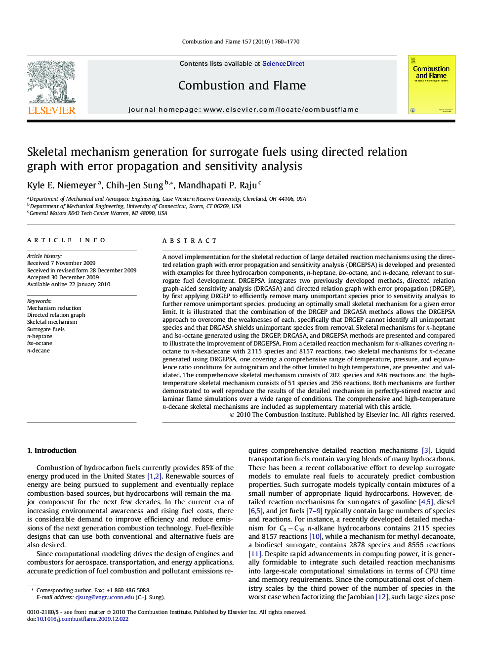 Skeletal mechanism generation for surrogate fuels using directed relation graph with error propagation and sensitivity analysis