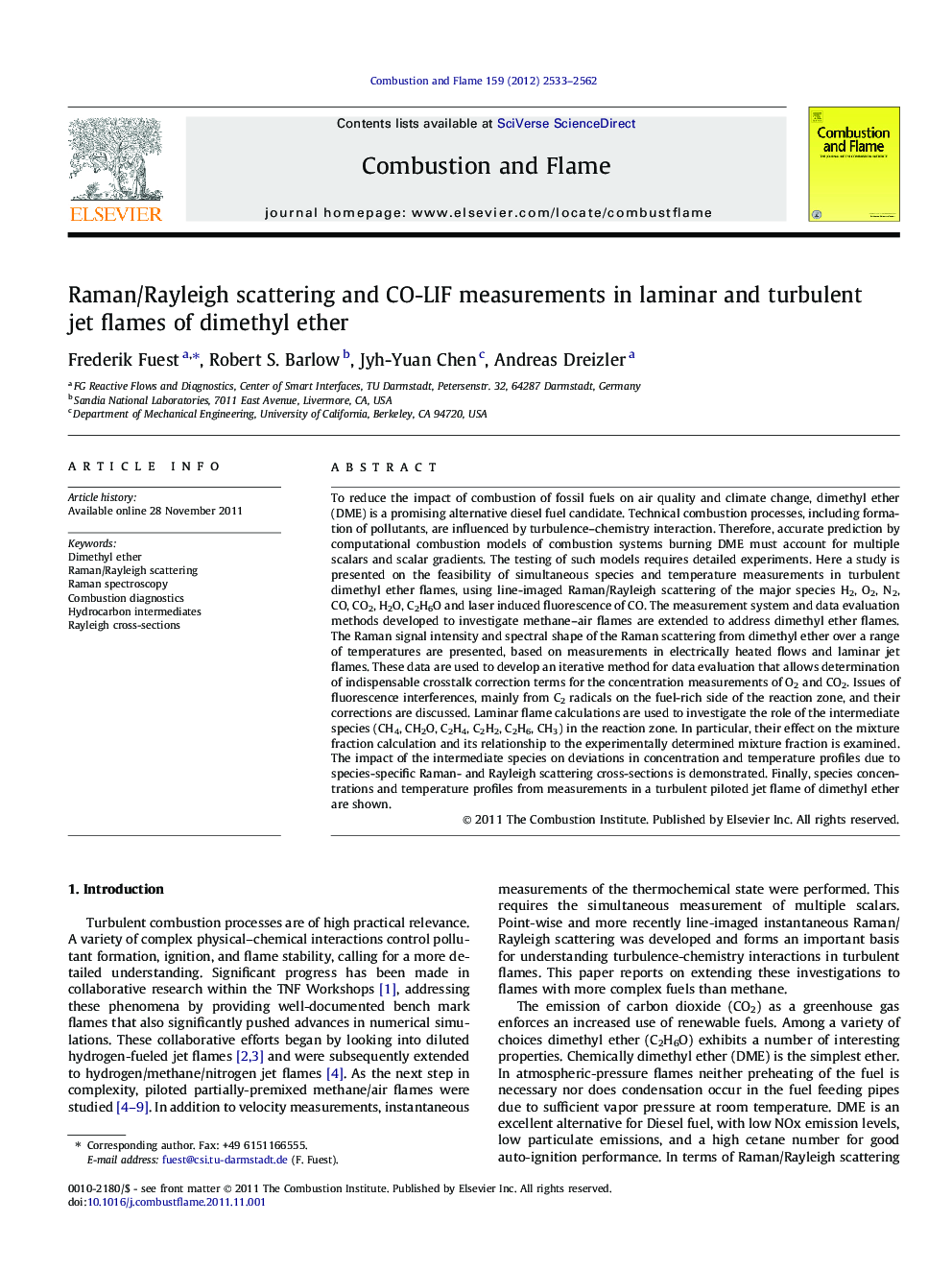 Raman/Rayleigh scattering and CO-LIF measurements in laminar and turbulent jet flames of dimethyl ether