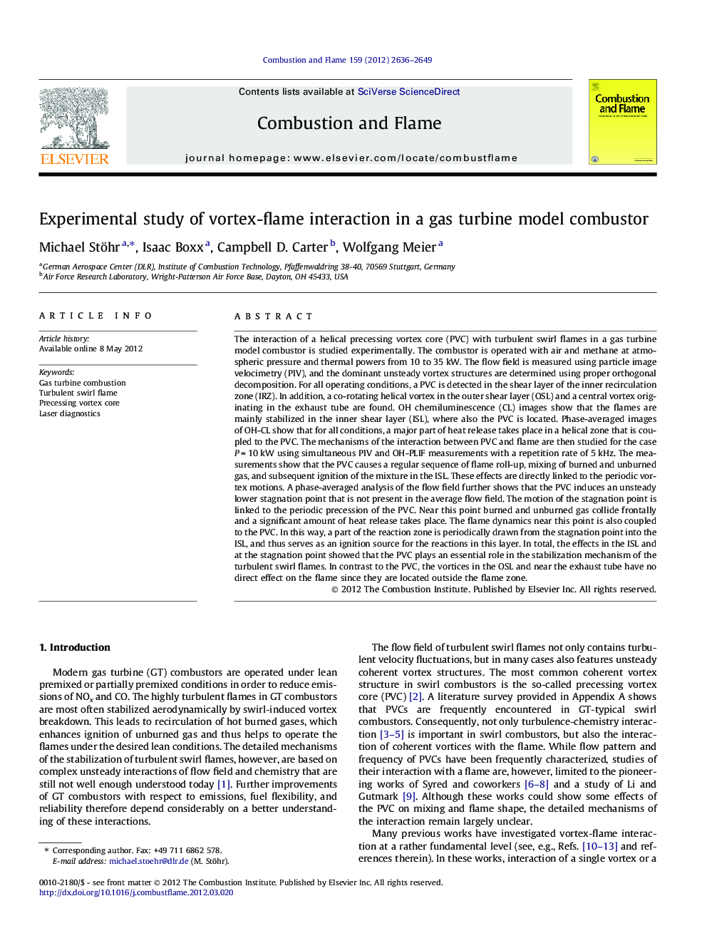 Experimental study of vortex-flame interaction in a gas turbine model combustor