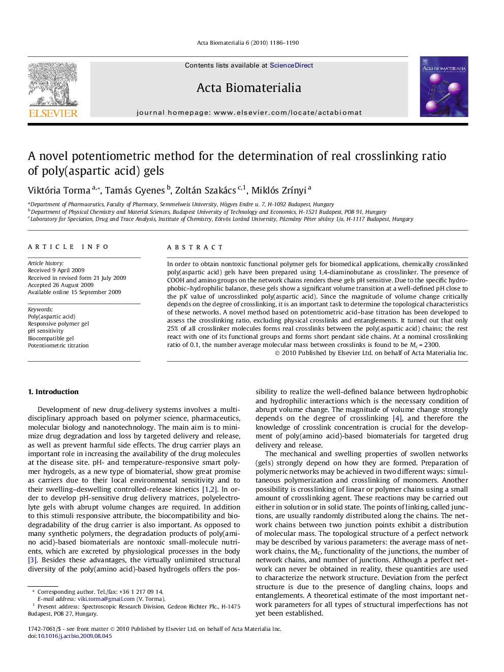 A novel potentiometric method for the determination of real crosslinking ratio of poly(aspartic acid) gels