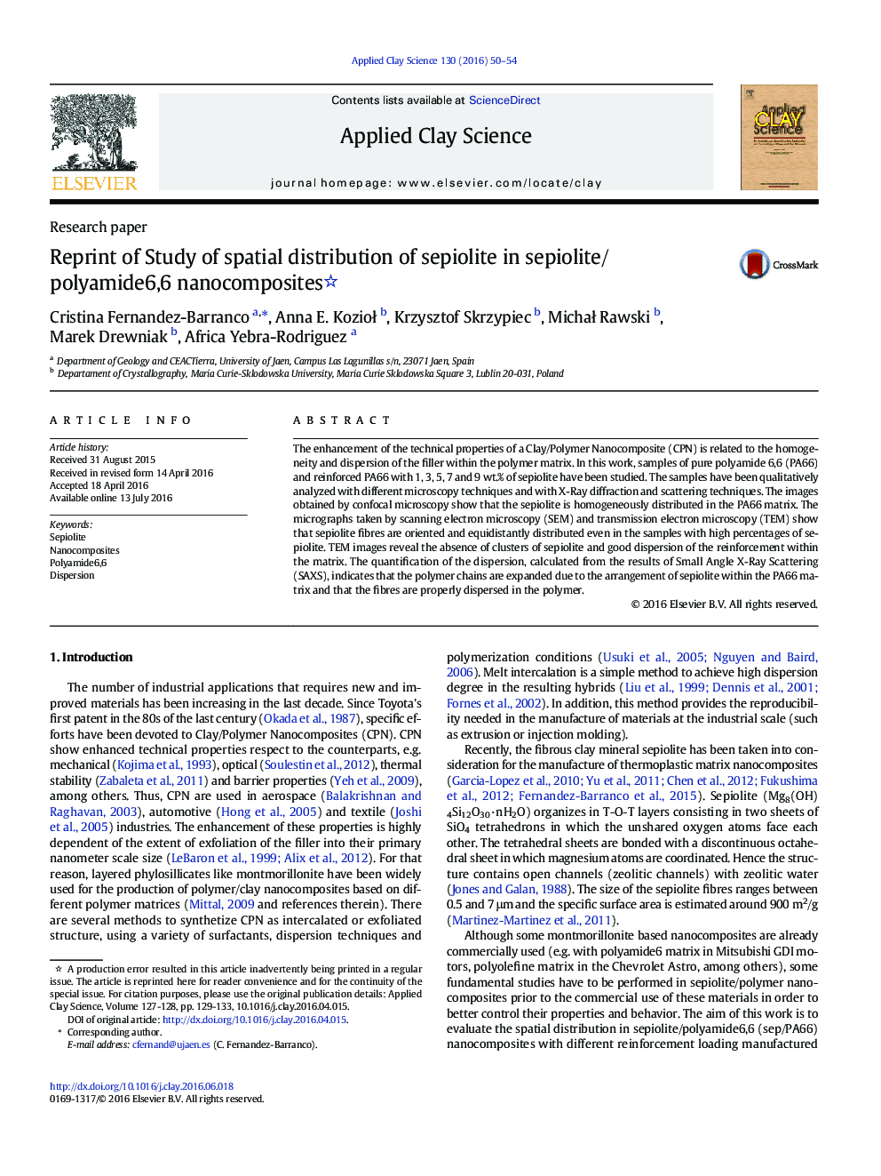 Reprint of Study of spatial distribution of sepiolite in sepiolite/polyamide6,6 nanocomposites 