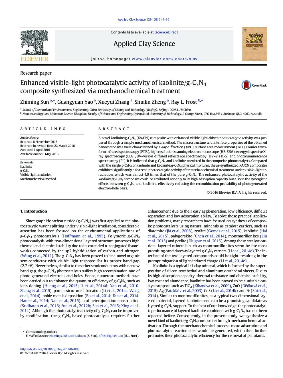 Enhanced visible-light photocatalytic activity of kaolinite/g-C3N4 composite synthesized via mechanochemical treatment