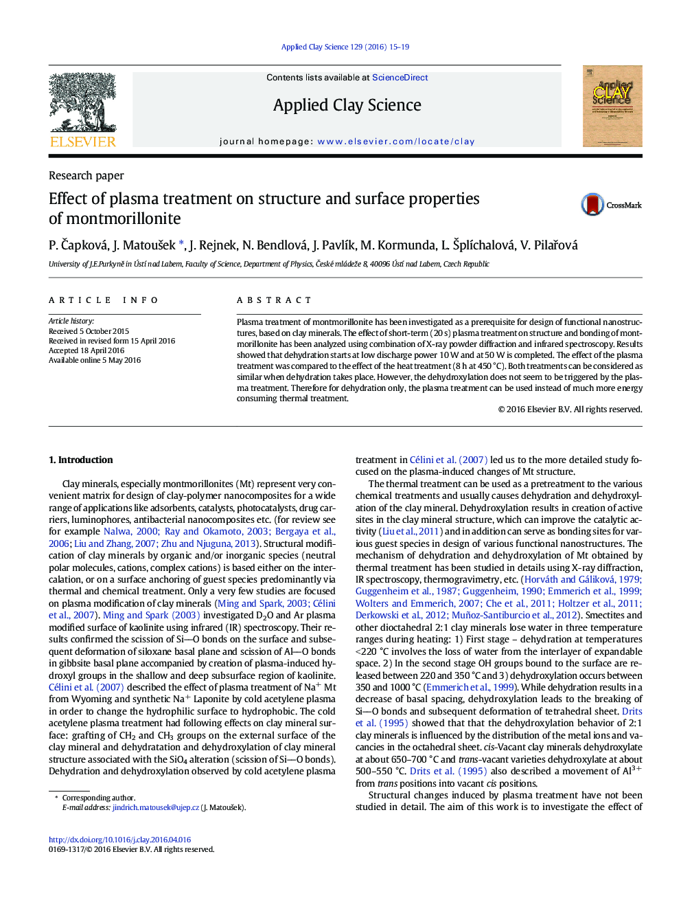 Effect of plasma treatment on structure and surface properties of montmorillonite