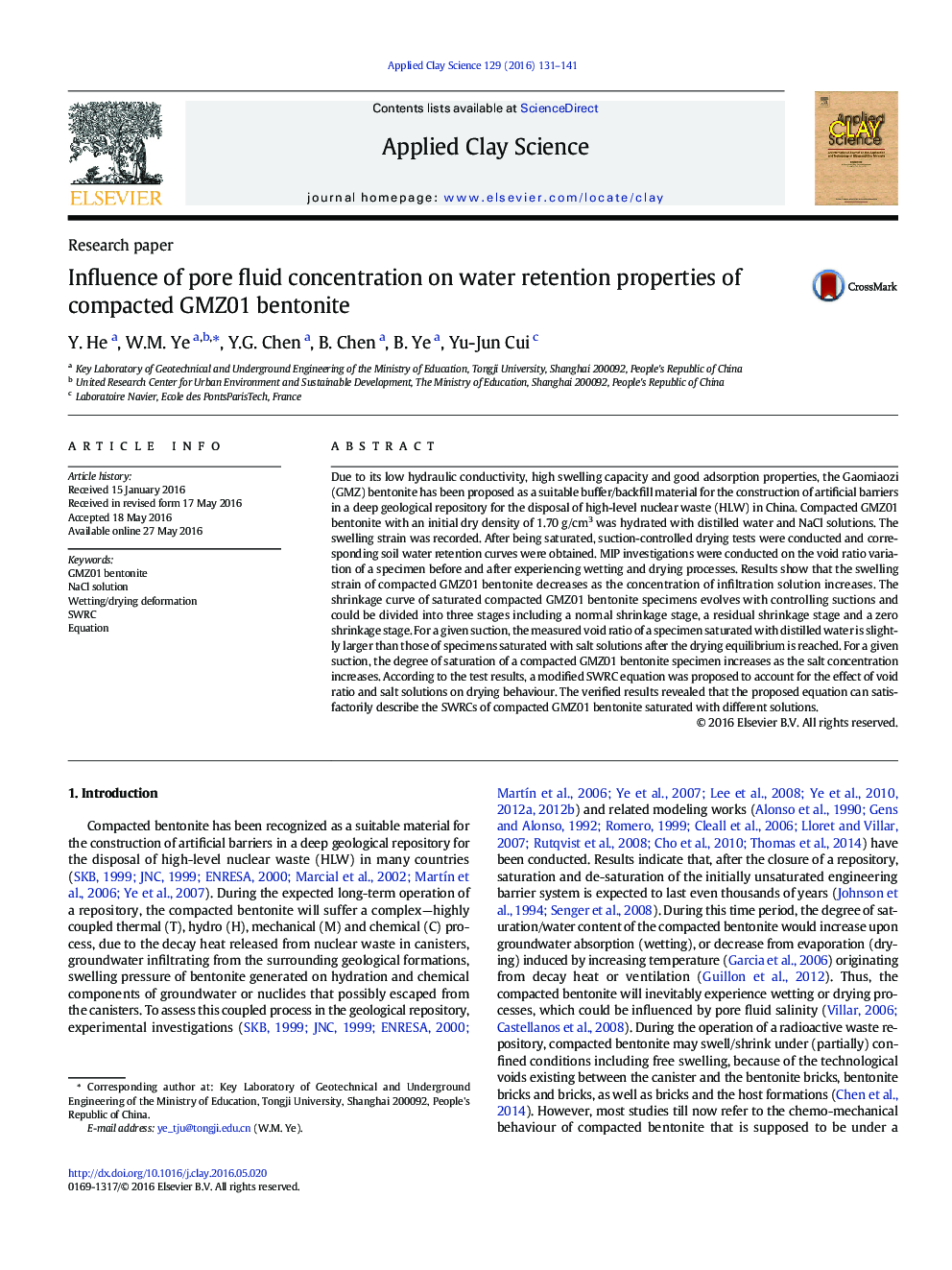 Influence of pore fluid concentration on water retention properties of compacted GMZ01 bentonite