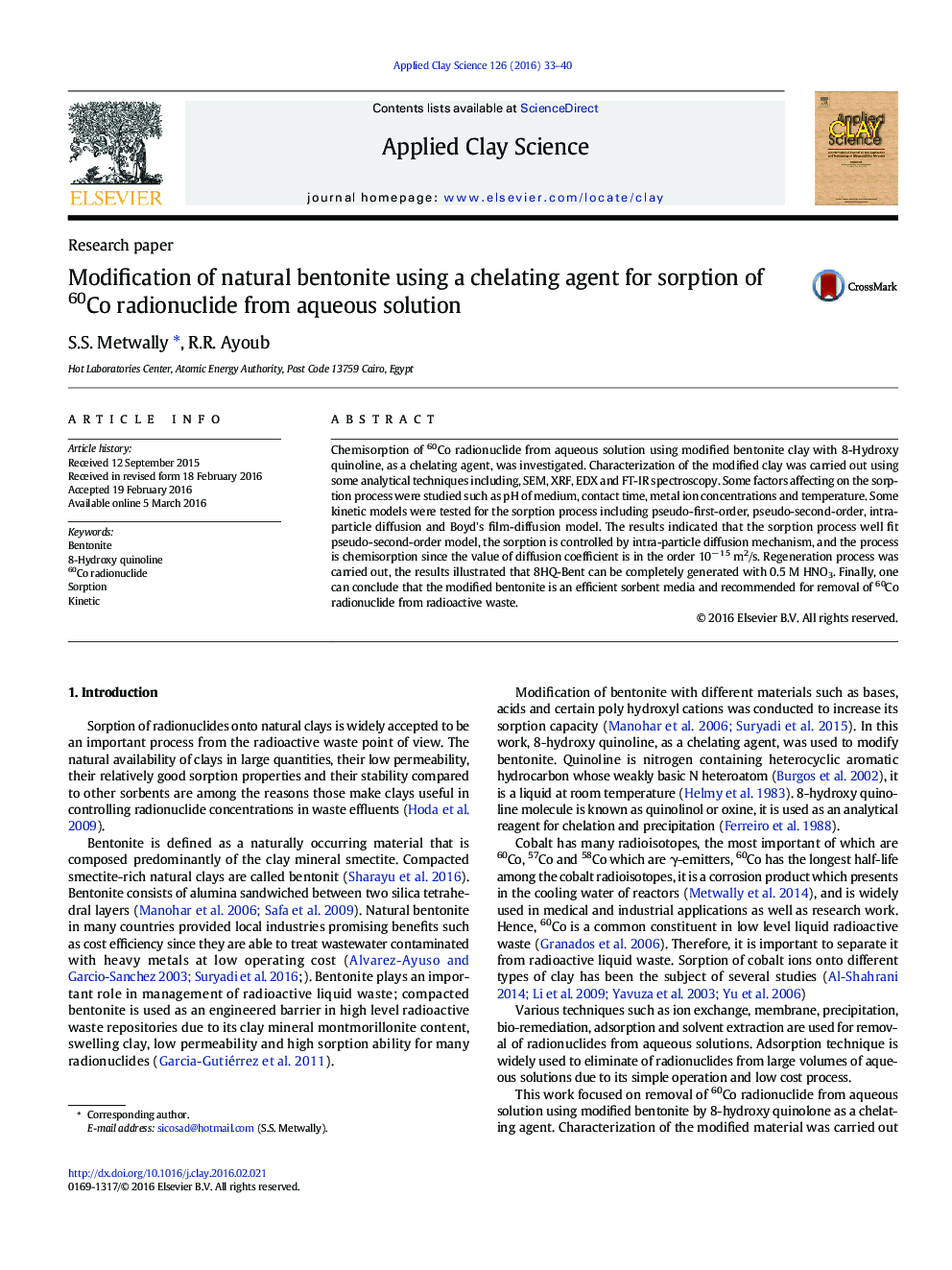 Modification of natural bentonite using a chelating agent for sorption of 60Co radionuclide from aqueous solution