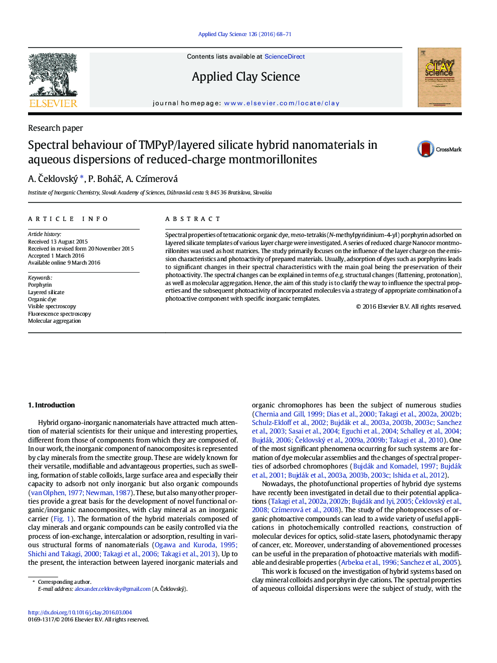 Spectral behaviour of TMPyP/layered silicate hybrid nanomaterials in aqueous dispersions of reduced-charge montmorillonites