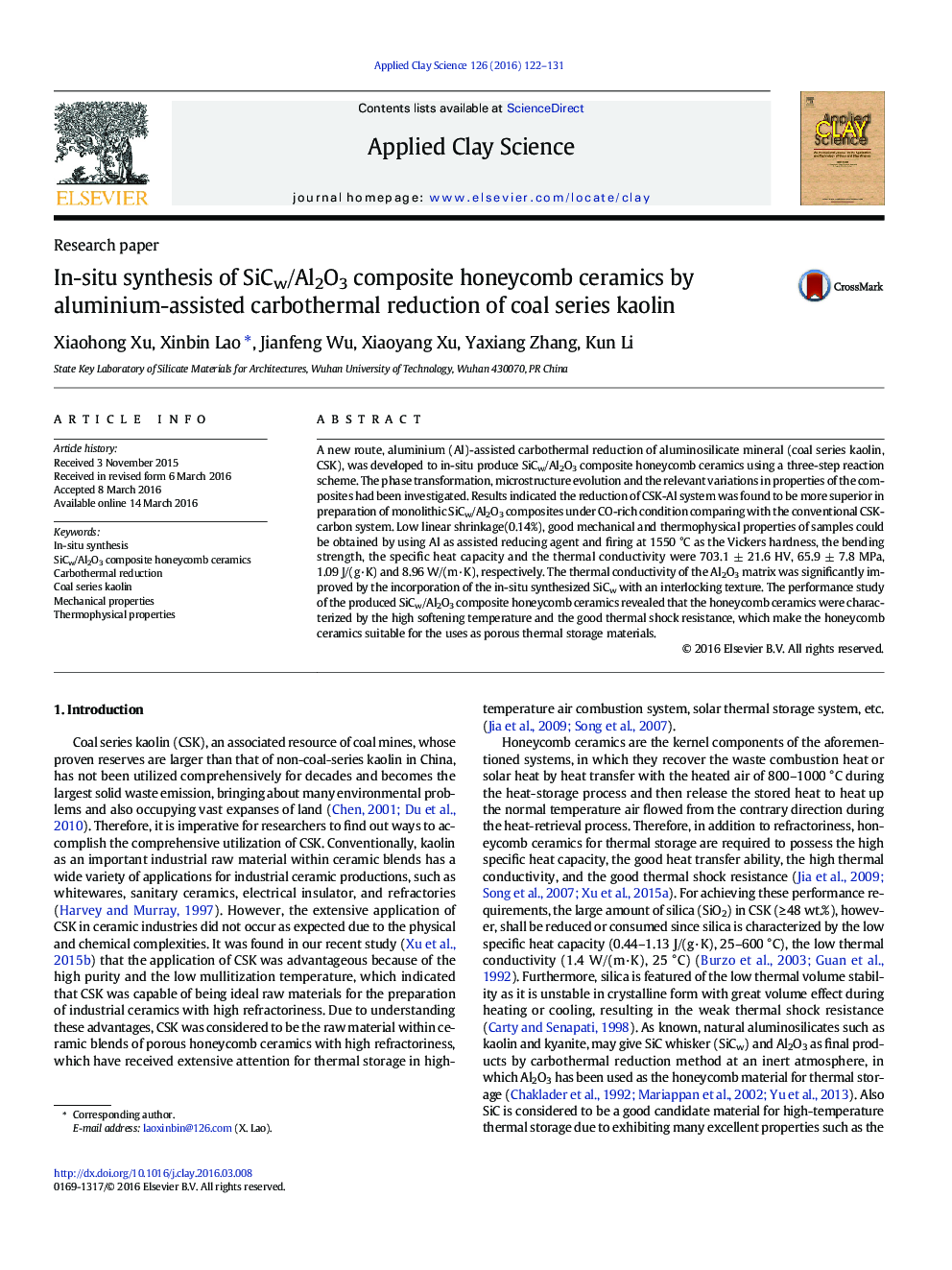 In-situ synthesis of SiCw/Al2O3 composite honeycomb ceramics by aluminium-assisted carbothermal reduction of coal series kaolin