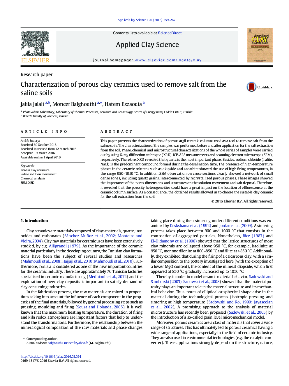 Characterization of porous clay ceramics used to remove salt from the saline soils