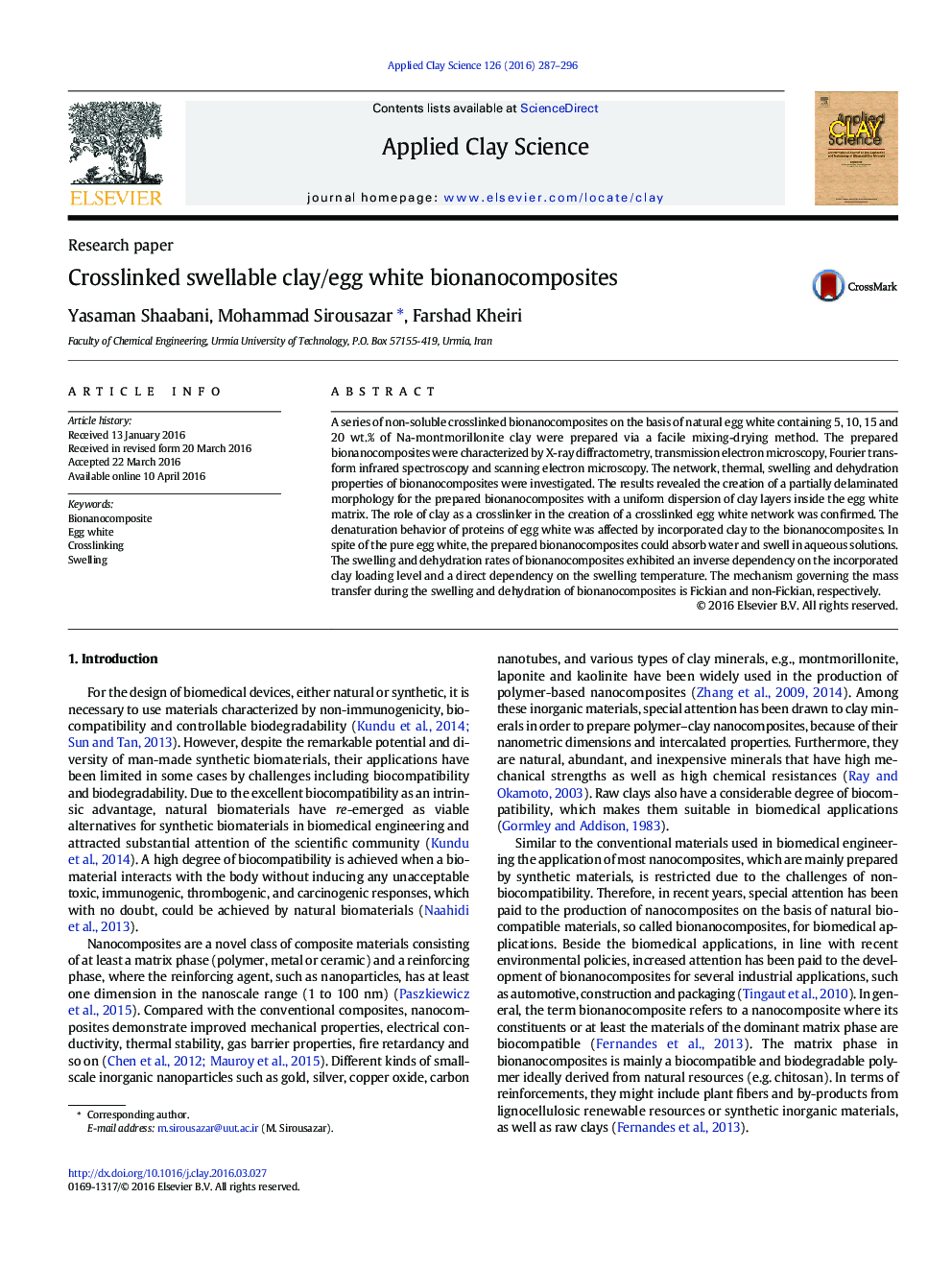 Crosslinked swellable clay/egg white bionanocomposites