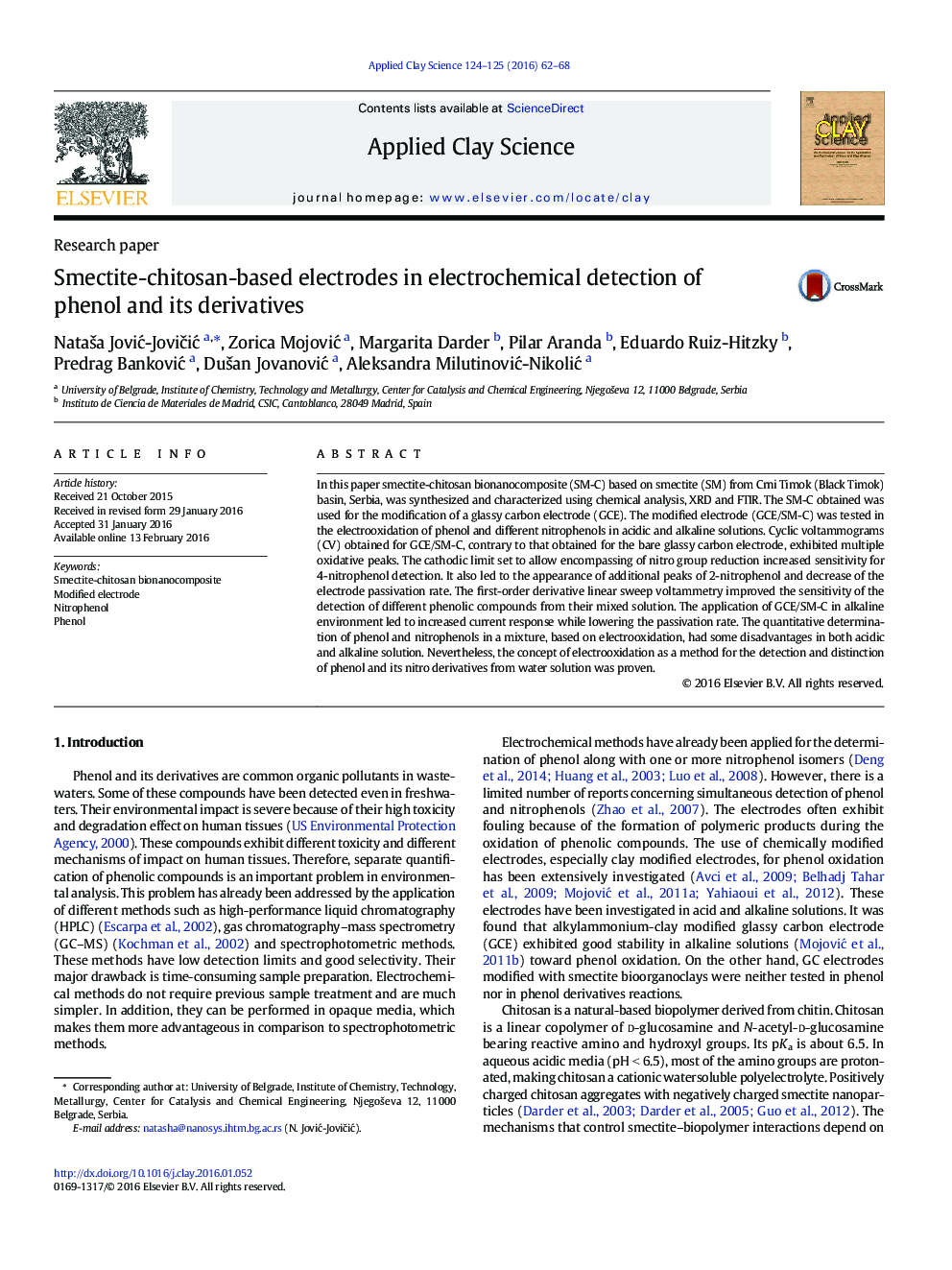 Smectite-chitosan-based electrodes in electrochemical detection of phenol and its derivatives