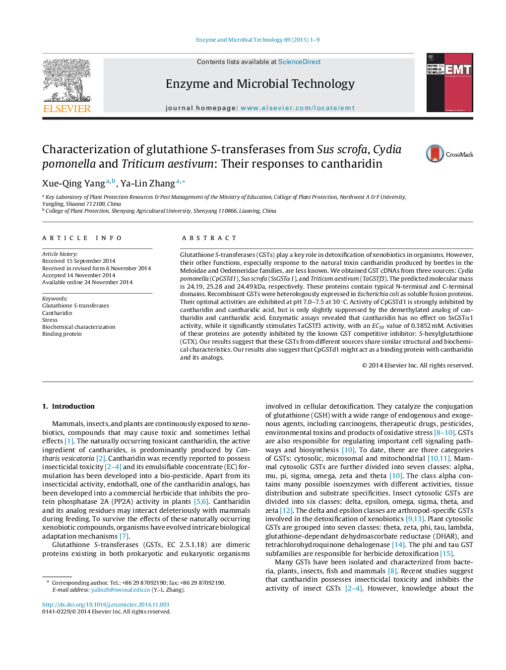 Characterization of glutathione S-transferases from Sus scrofa, Cydia pomonella and Triticum aestivum: Their responses to cantharidin