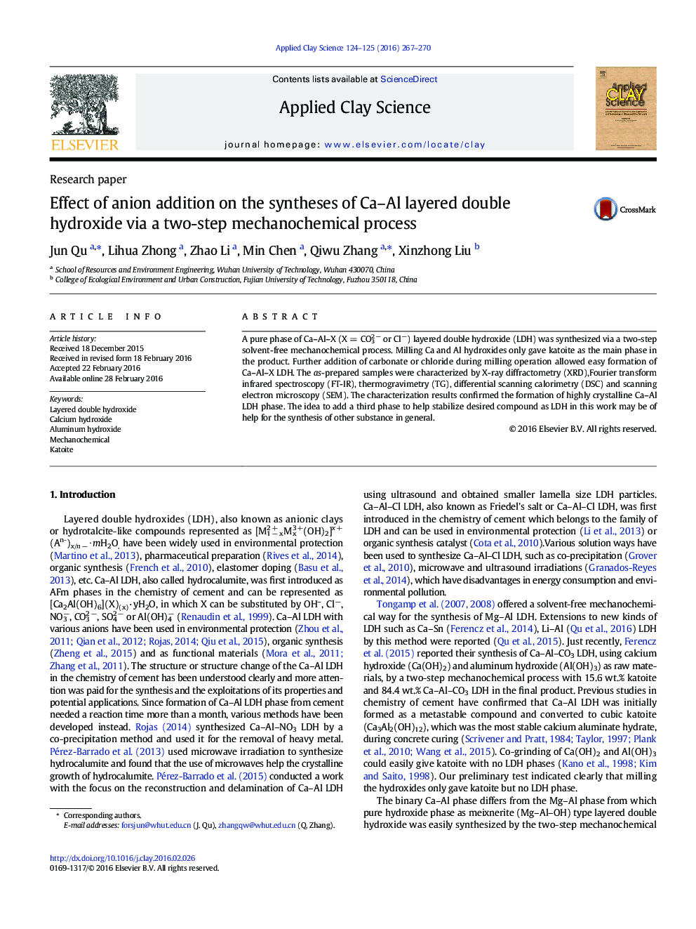 Effect of anion addition on the syntheses of Ca–Al layered double hydroxide via a two-step mechanochemical process