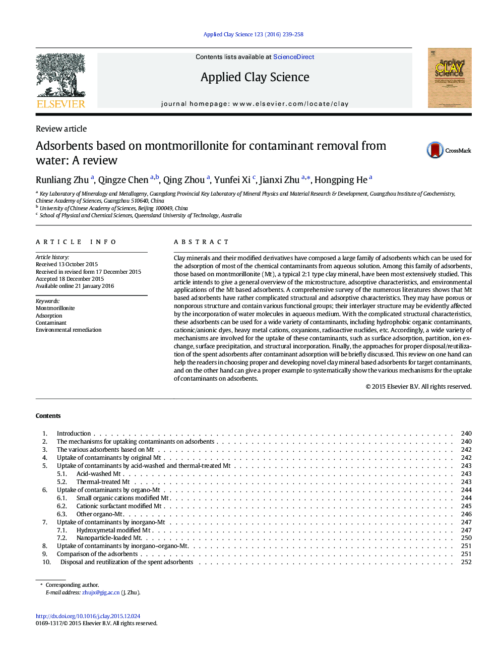 Adsorbents based on montmorillonite for contaminant removal from water: A review