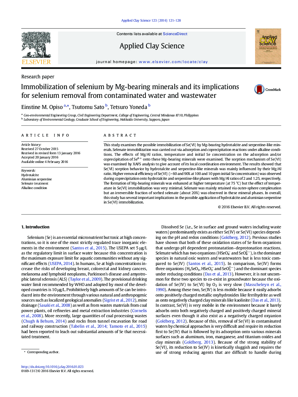 عکس صفحه اول مقاله: Immobilization of selenium by Mg-bearing minerals and its implications for selenium removal from contaminated water and wastewater Immobilization of selenium by Mg-bearing minerals and its implications for selenium removal from contaminated water and wastewater