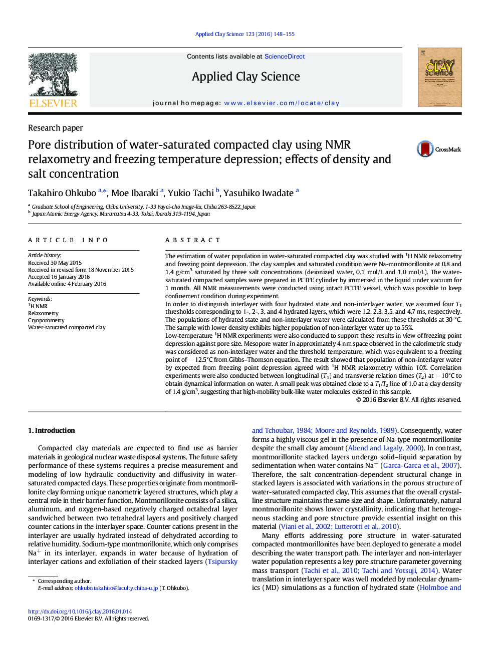 Pore distribution of water-saturated compacted clay using NMR relaxometry and freezing temperature depression; effects of density and salt concentration