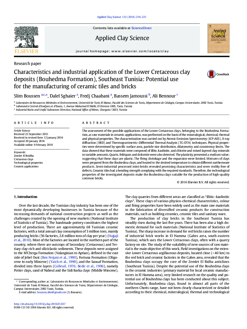 Characteristics and industrial application of the Lower Cretaceous clay deposits (Bouhedma Formation), Southeast Tunisia: Potential use for the manufacturing of ceramic tiles and bricks