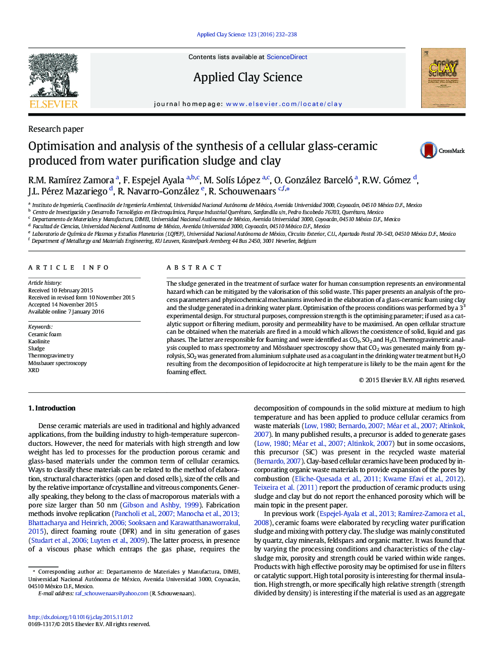 Optimisation and analysis of the synthesis of a cellular glass-ceramic produced from water purification sludge and clay