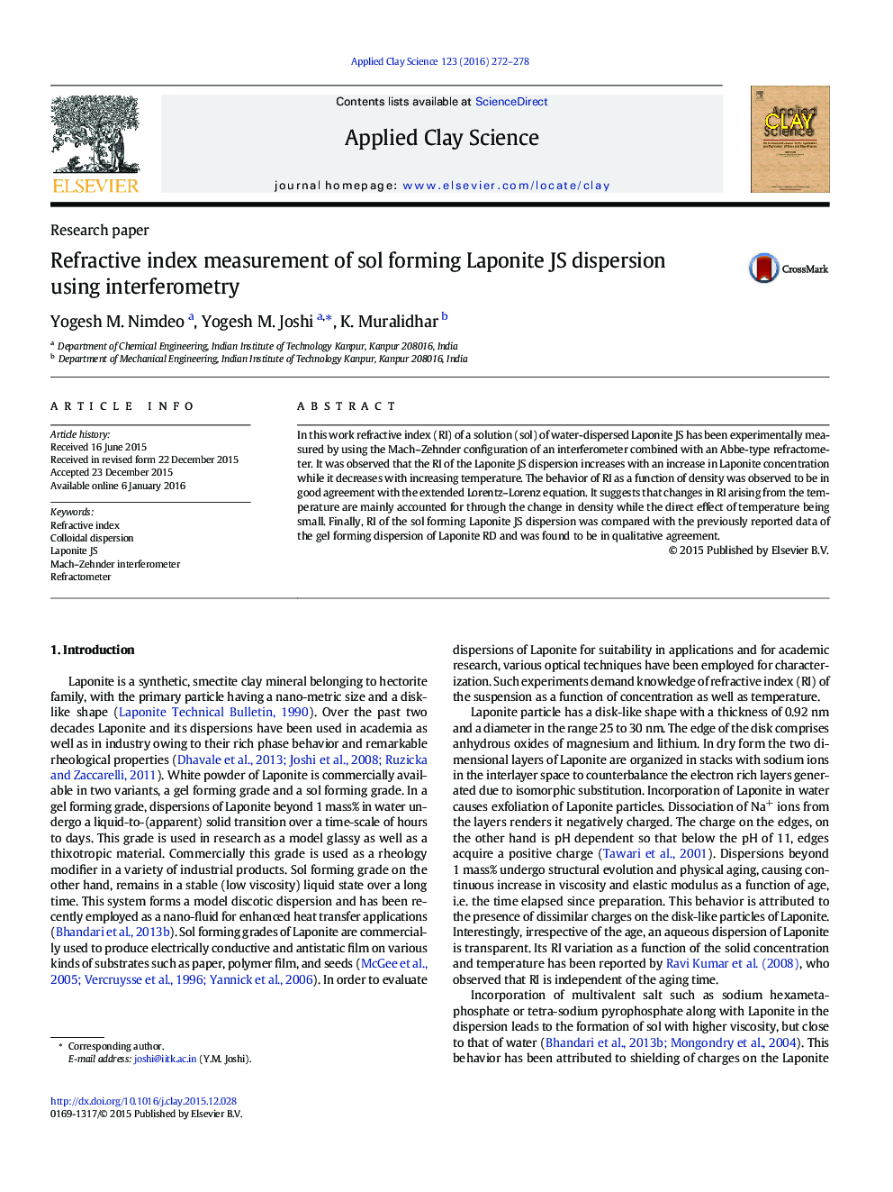 Refractive index measurement of sol forming Laponite JS dispersion using interferometry