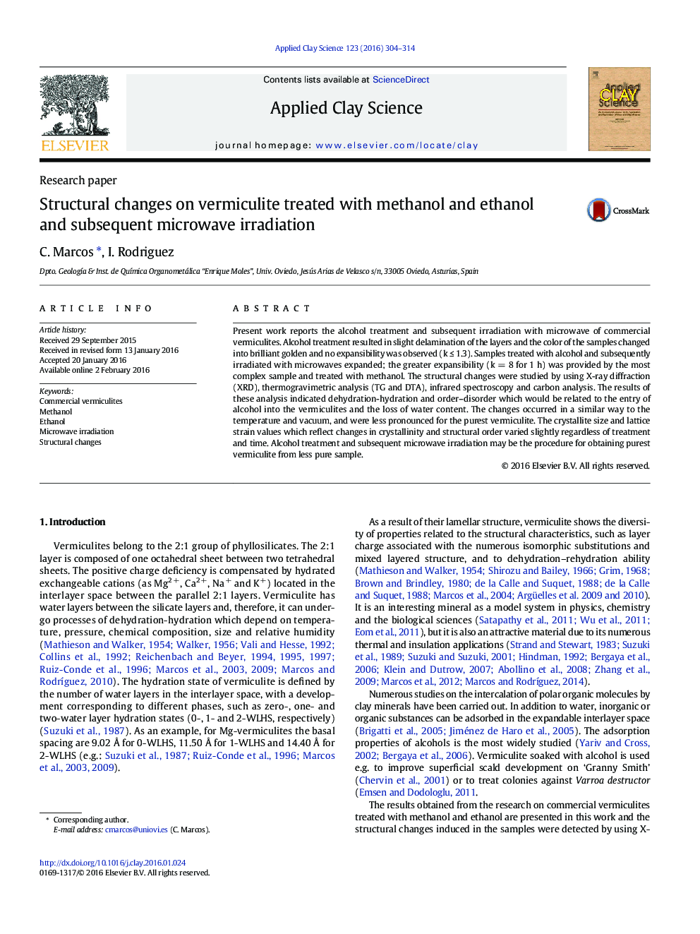 Structural changes on vermiculite treated with methanol and ethanol and subsequent microwave irradiation