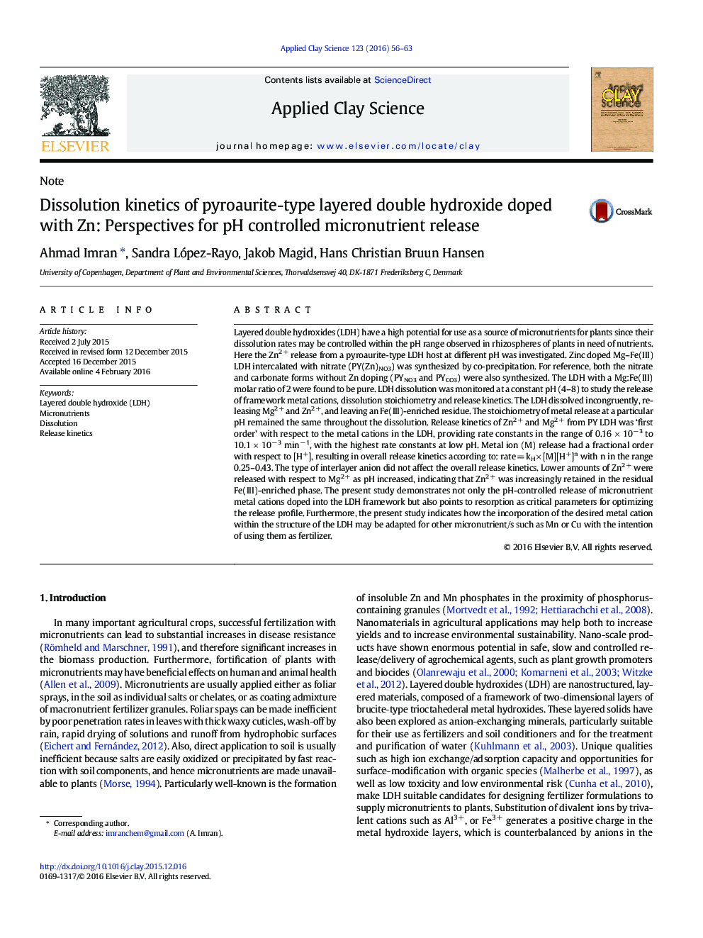 Dissolution kinetics of pyroaurite-type layered double hydroxide doped with Zn: Perspectives for pH controlled micronutrient release