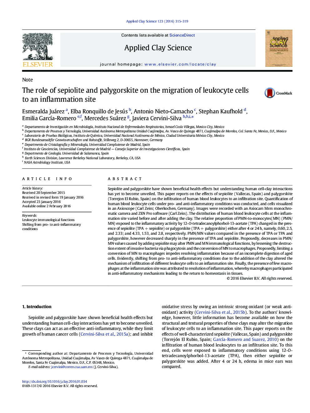 The role of sepiolite and palygorskite on the migration of leukocyte cells to an inflammation site