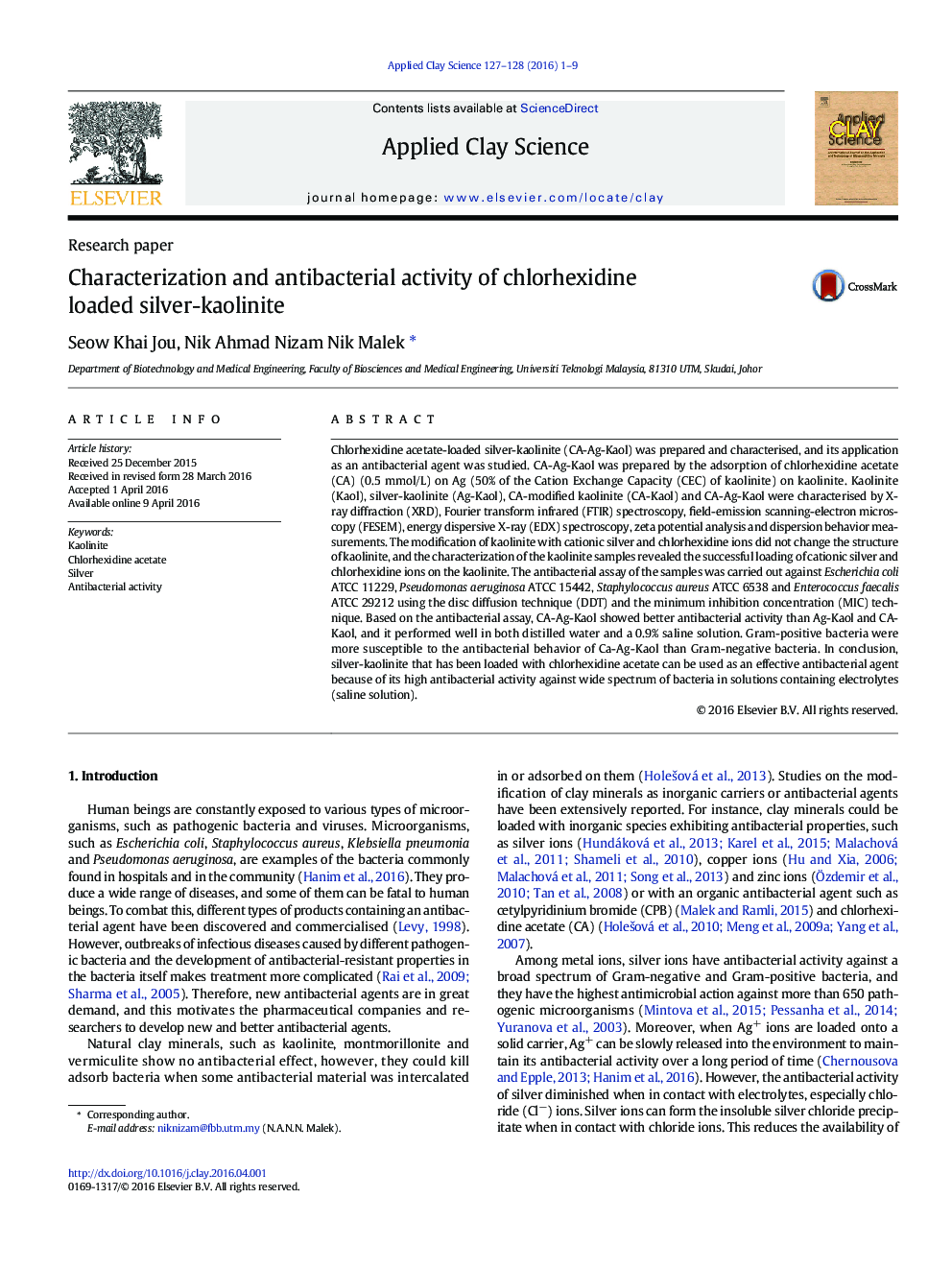 Characterization and antibacterial activity of chlorhexidine loaded silver-kaolinite