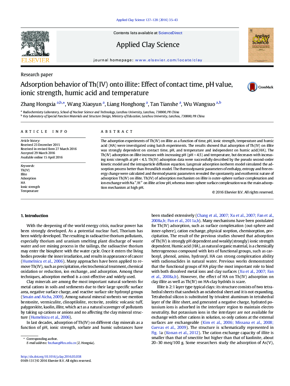 Adsorption behavior of Th(IV) onto illite: Effect of contact time, pH value, ionic strength, humic acid and temperature