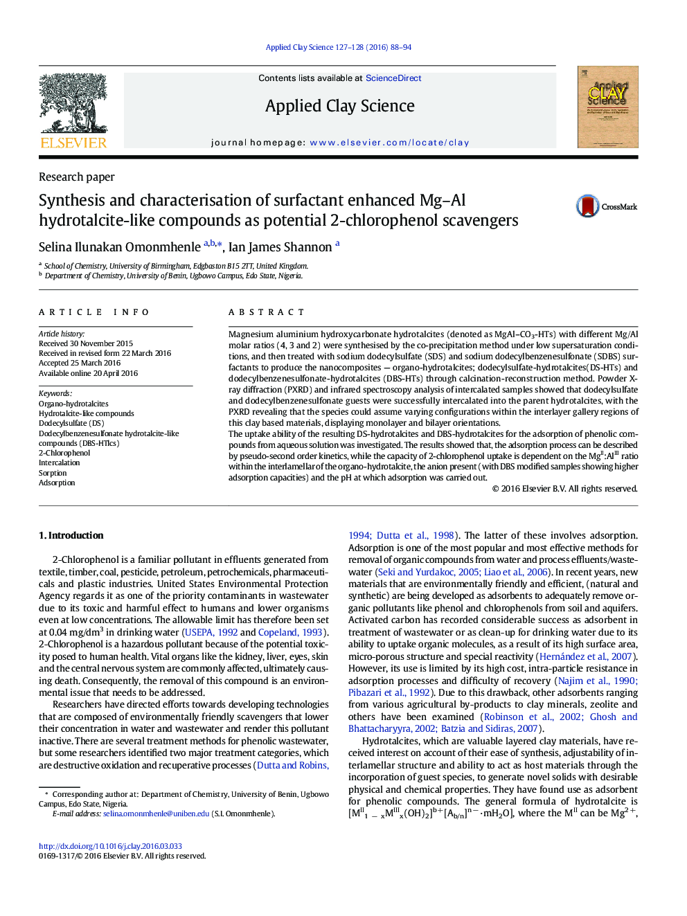 سنتز و تعیین ویژگی های سورفاکتانت ترکیبات هیدروالکتیت مگا آلومینیوم را به عنوان پتانسیل 2-کلروفنول 
