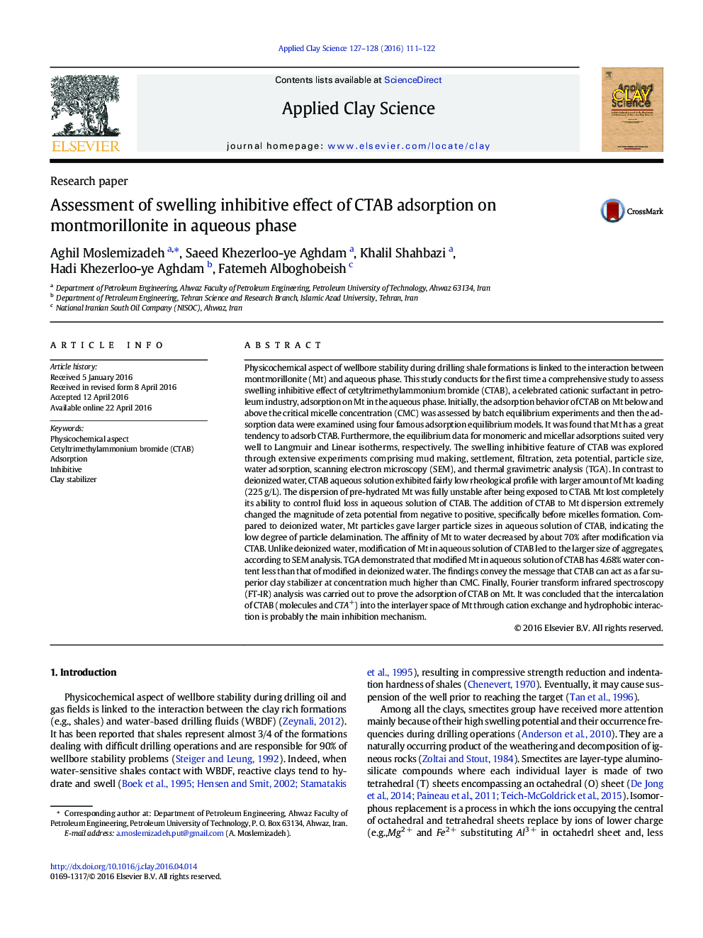 Assessment of swelling inhibitive effect of CTAB adsorption on montmorillonite in aqueous phase