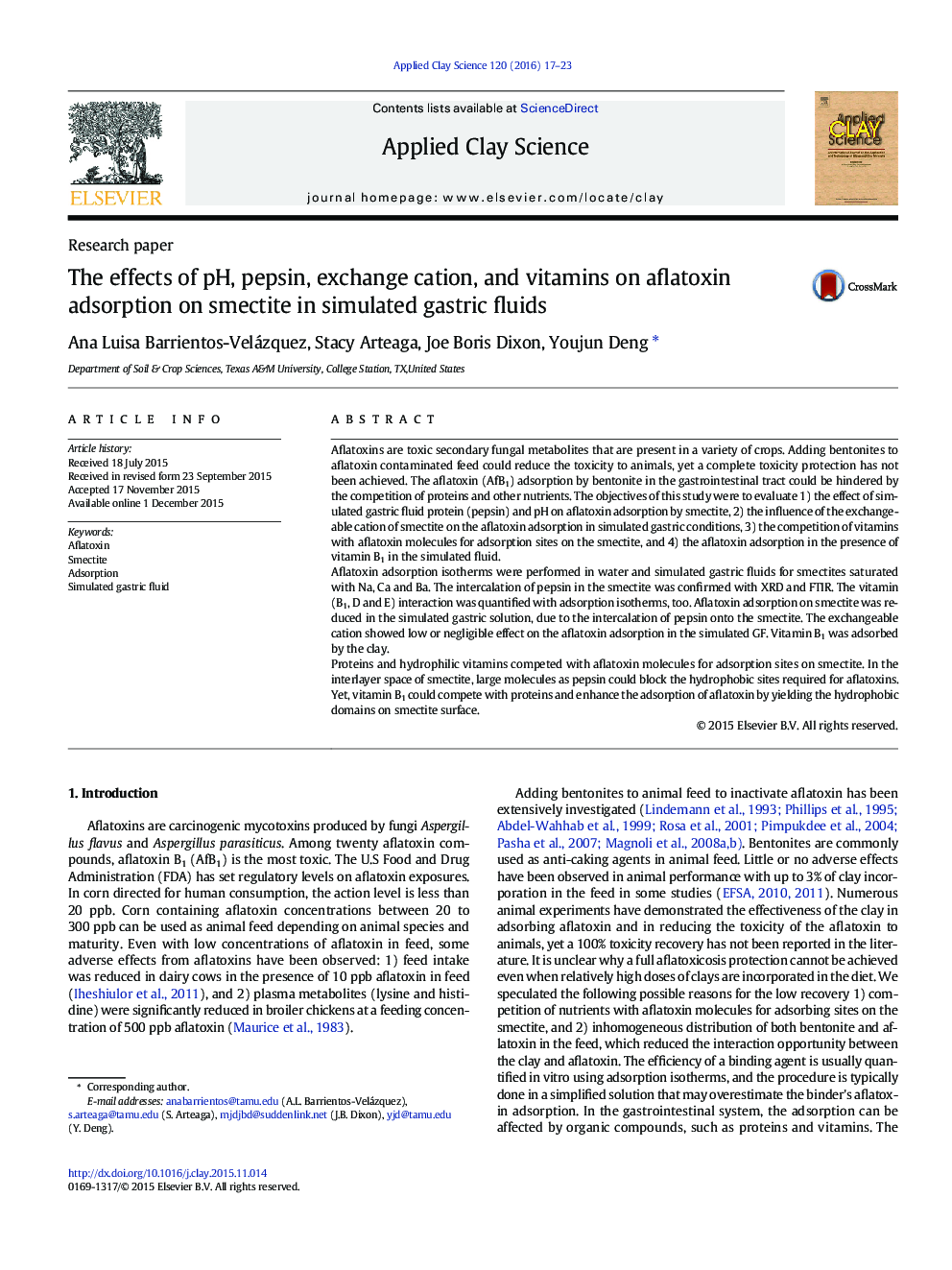 The effects of pH, pepsin, exchange cation, and vitamins on aflatoxin adsorption on smectite in simulated gastric fluids