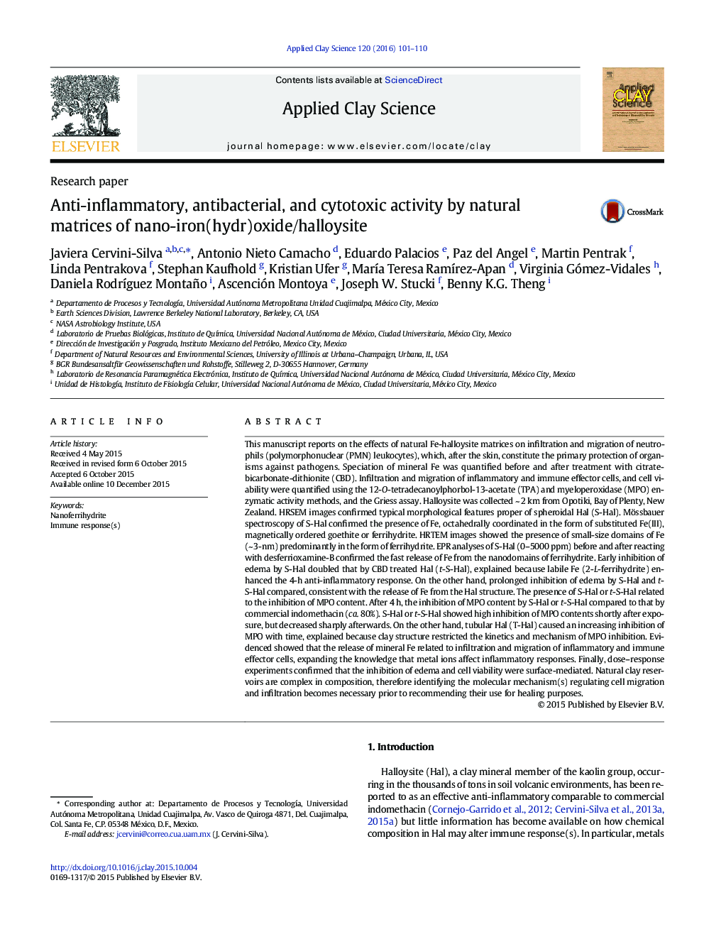 Anti-inflammatory, antibacterial, and cytotoxic activity by natural matrices of nano-iron(hydr)oxide/halloysite