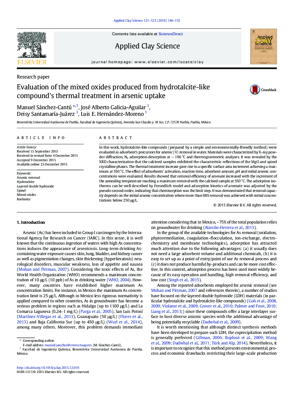 Evaluation of the mixed oxides produced from hydrotalcite-like compound's thermal treatment in arsenic uptake