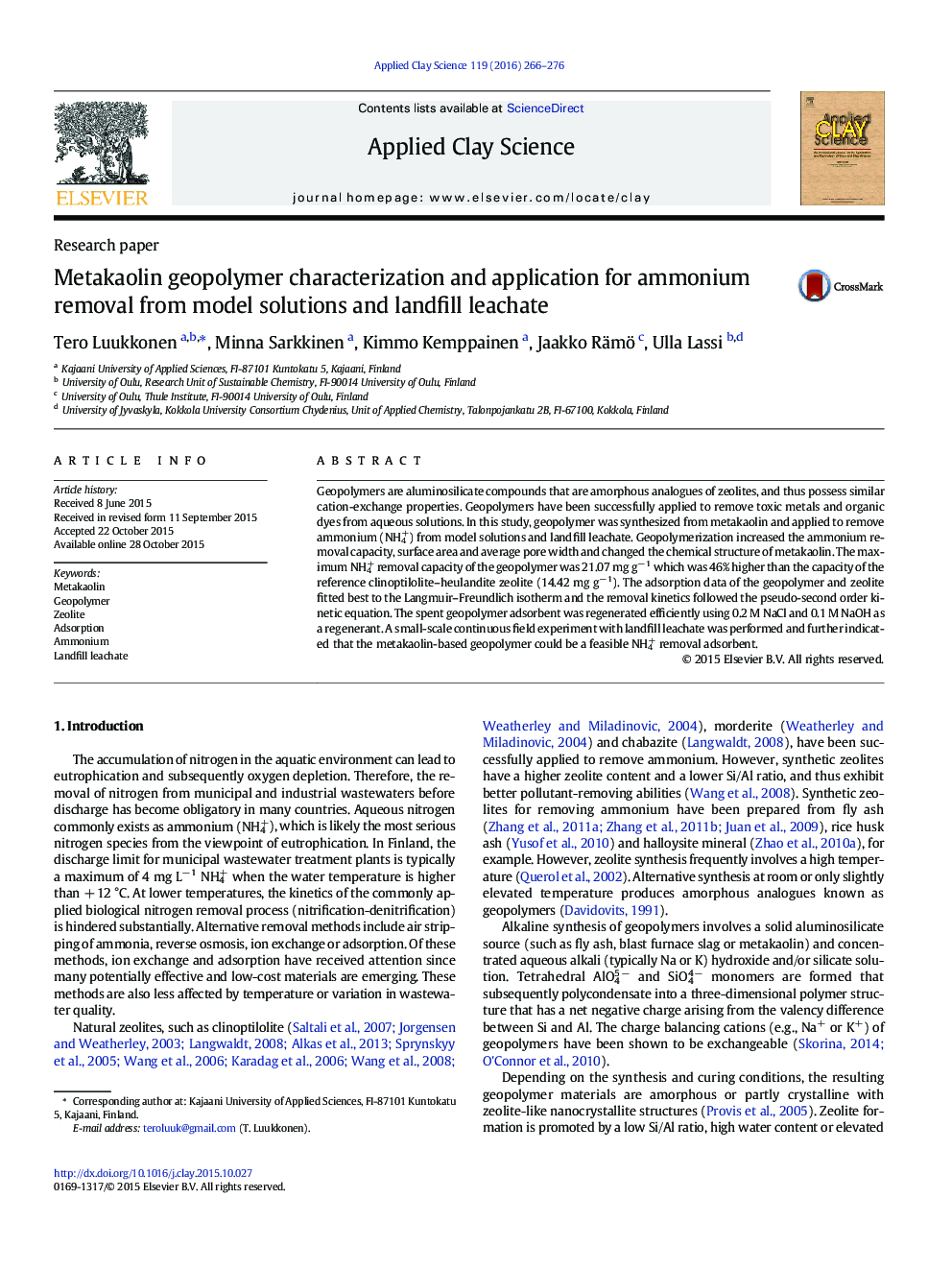 Metakaolin geopolymer characterization and application for ammonium removal from model solutions and landfill leachate