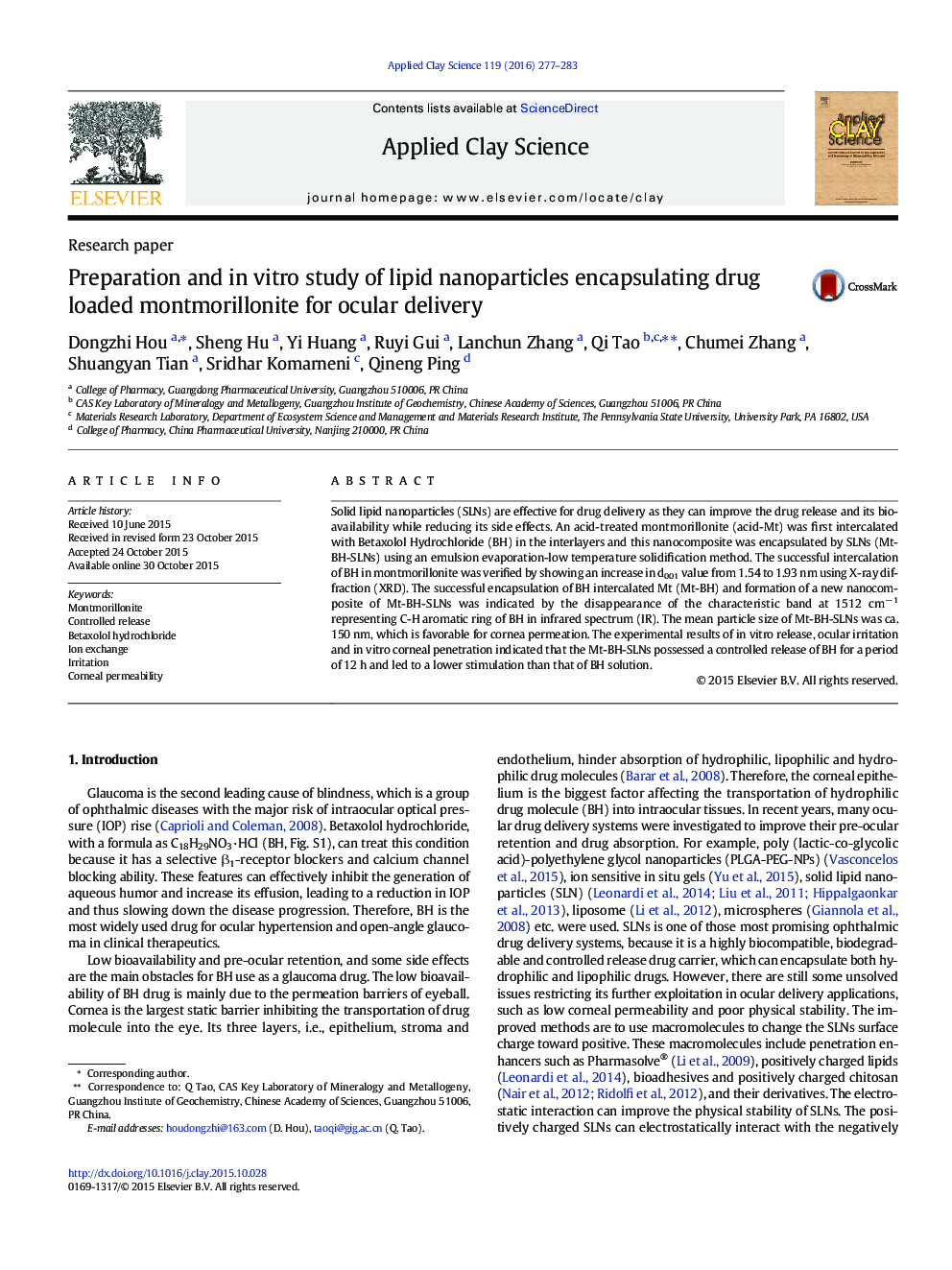 Preparation and in vitro study of lipid nanoparticles encapsulating drug loaded montmorillonite for ocular delivery