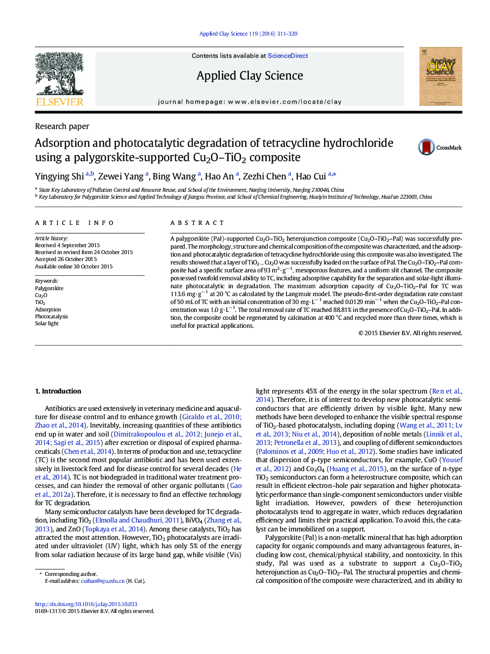 عکس صفحه اول مقاله: Adsorption and photocatalytic degradation of tetracycline hydrochloride using a palygorskite-supported Cu2O–TiO2 composite Adsorption and photocatalytic degradation of tetracycline hydrochloride using a palygorskite-supported Cu2O–TiO2 composite