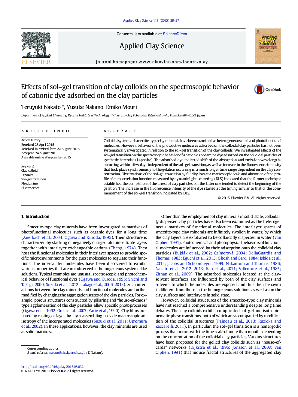 Effects of sol–gel transition of clay colloids on the spectroscopic behavior of cationic dye adsorbed on the clay particles