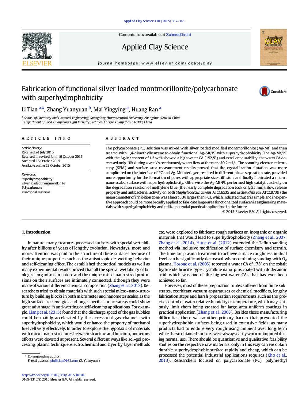 Fabrication of functional silver loaded montmorillonite/polycarbonate with superhydrophobicity