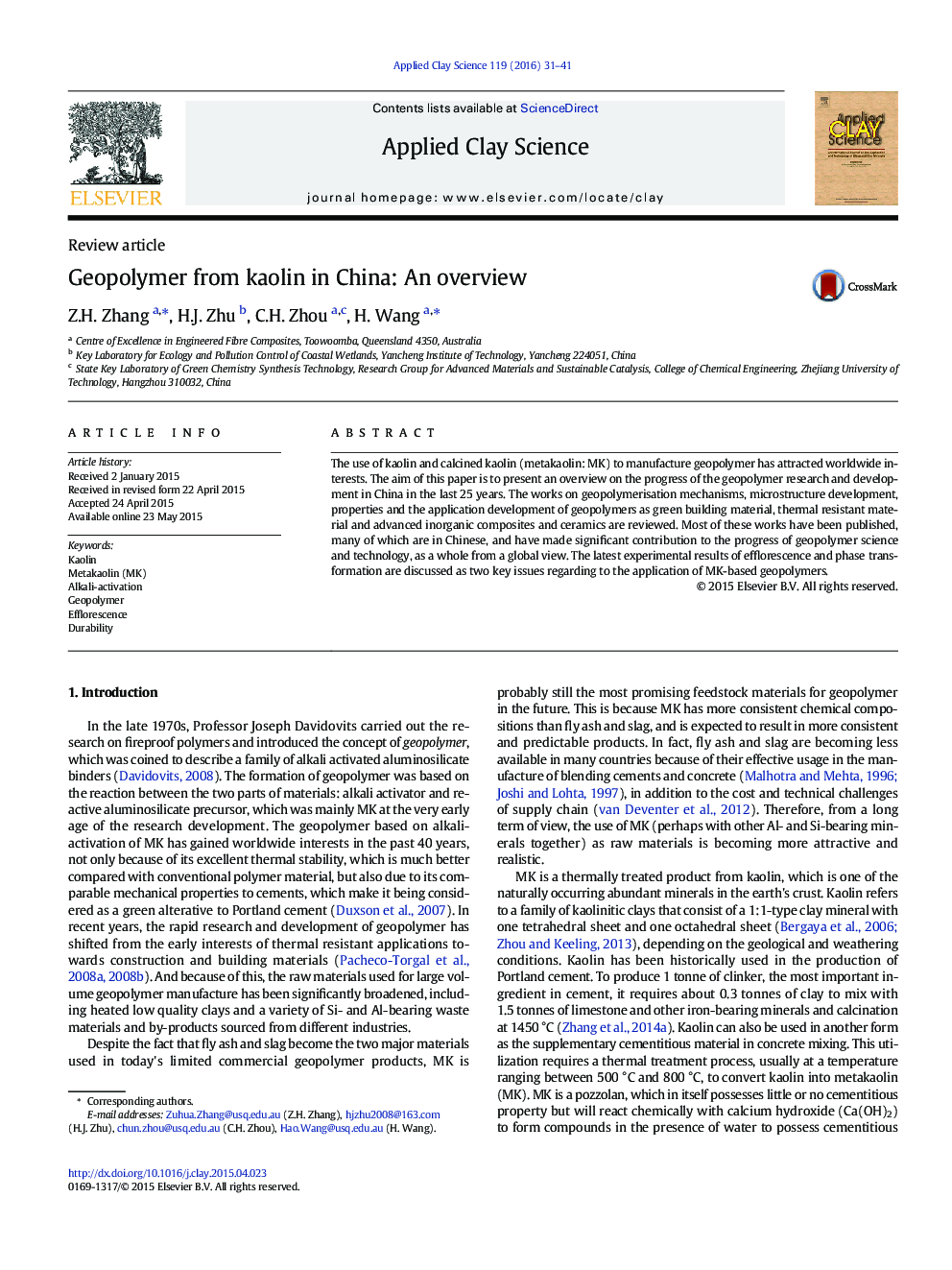 Geopolymer from kaolin in China: An overview