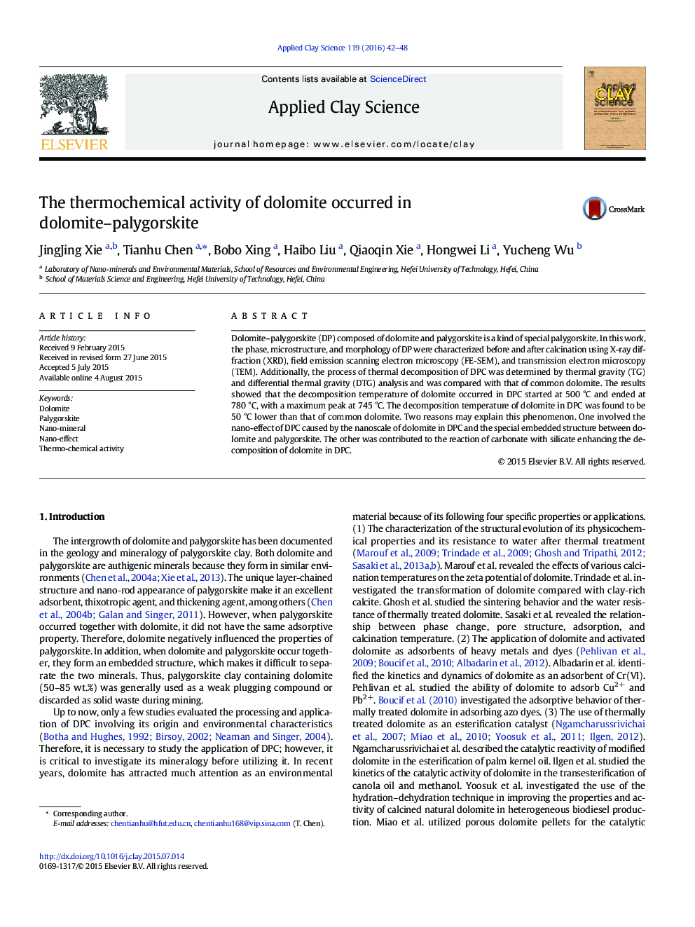 The thermochemical activity of dolomite occurred in dolomite-palygorskite