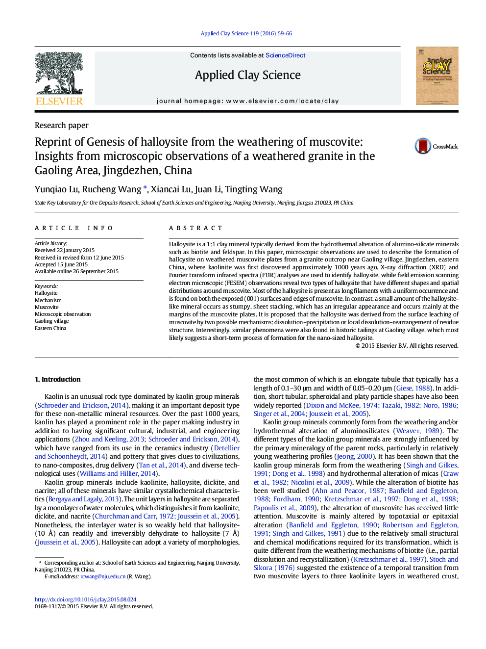 Reprint of Genesis of halloysite from the weathering of muscovite: Insights from microscopic observations of a weathered granite in the Gaoling Area, Jingdezhen, China