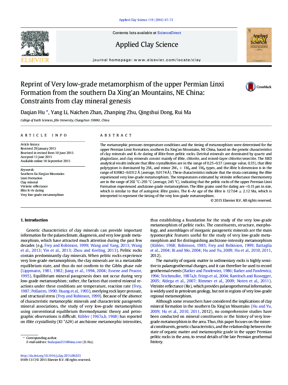 چاپ مجدد دگرگونی بسیار پایین در سازند لینکی پرمین از جنوب کوه های دا سین کن، شمال غربی چین: محدودیت های ژنتیک معدن رس 