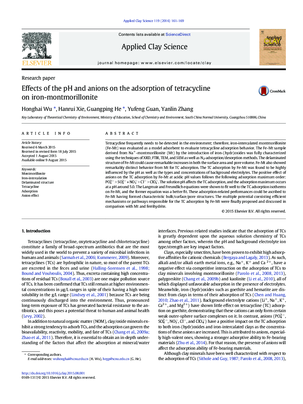 Effects of the pH and anions on the adsorption of tetracycline on iron-montmorillonite