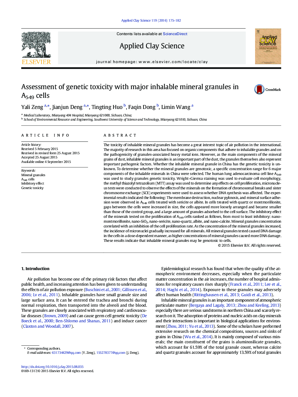 Assessment of genetic toxicity with major inhalable mineral granules in A549 cells