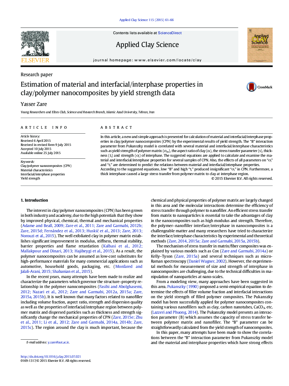 Estimation of material and interfacial/interphase properties in clay/polymer nanocomposites by yield strength data