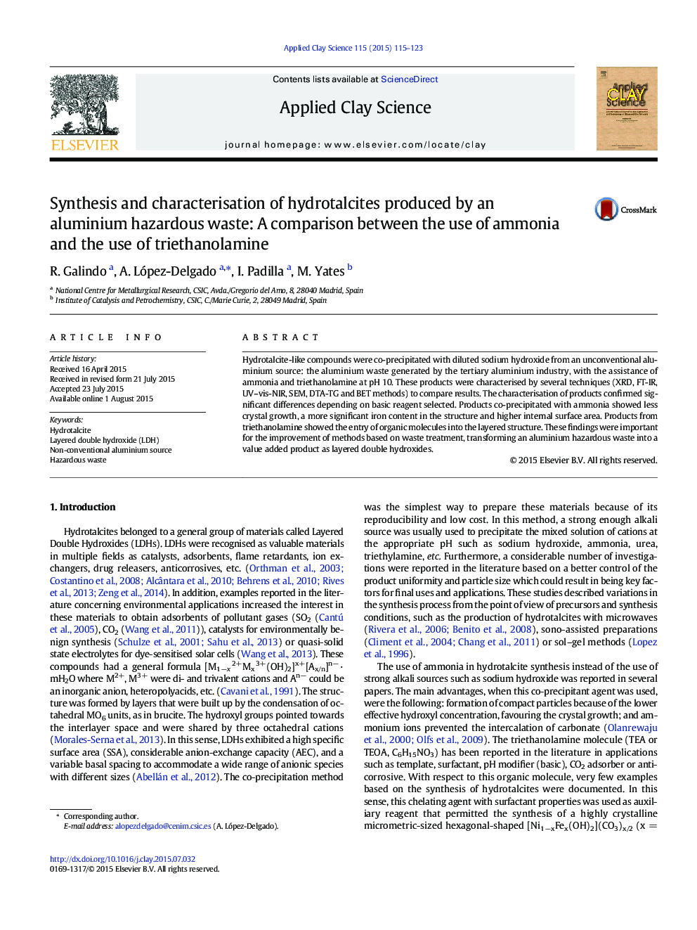 سنتز و مشخص کردن هیدرواللسیت های تولید شده توسط زباله های خطرناک آلومینیوم: مقایسه بین استفاده از آمونیاک و استفاده از تری اتانولامین 