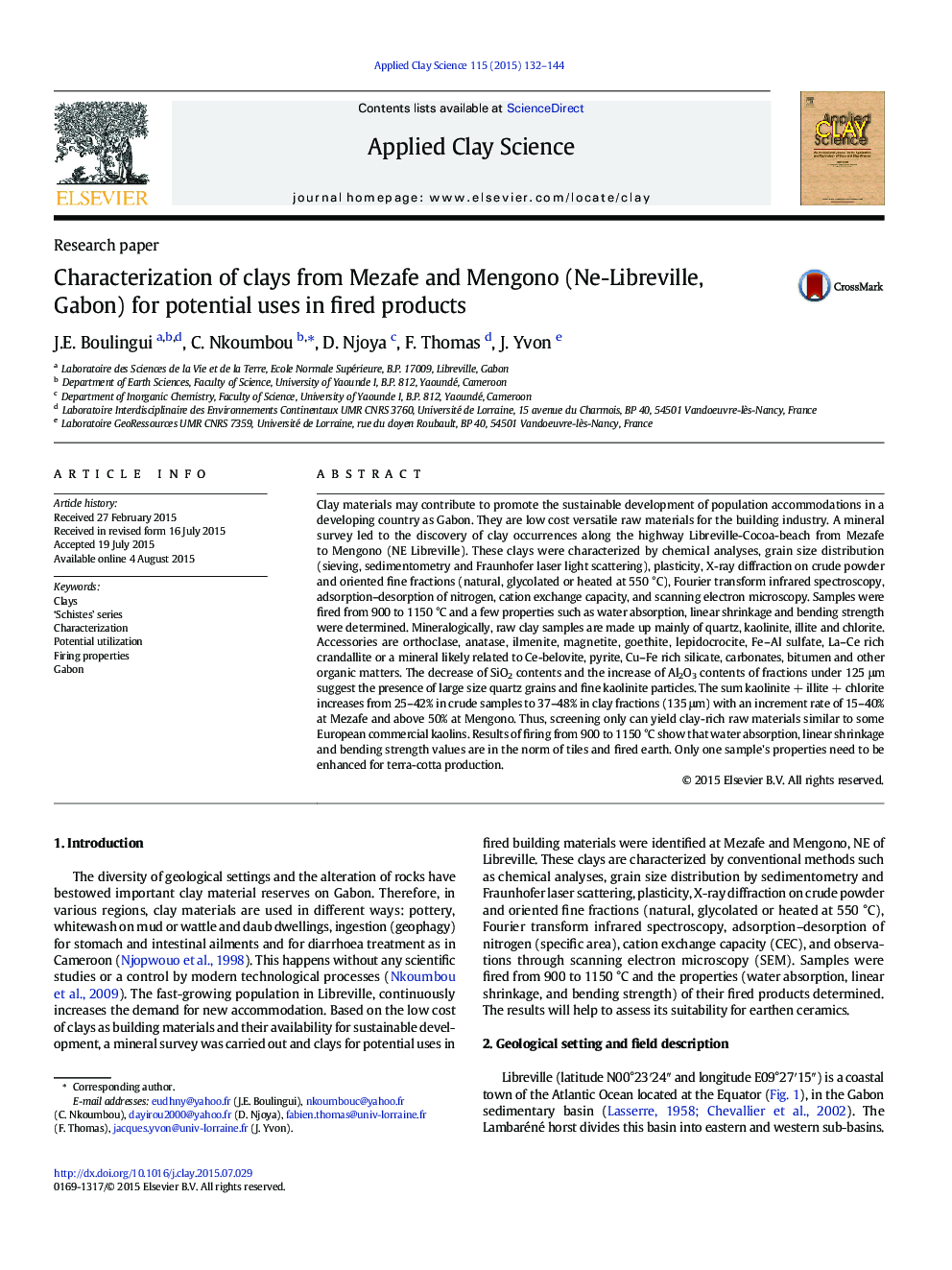 Characterization of clays from Mezafe and Mengono (Ne-Libreville, Gabon) for potential uses in fired products