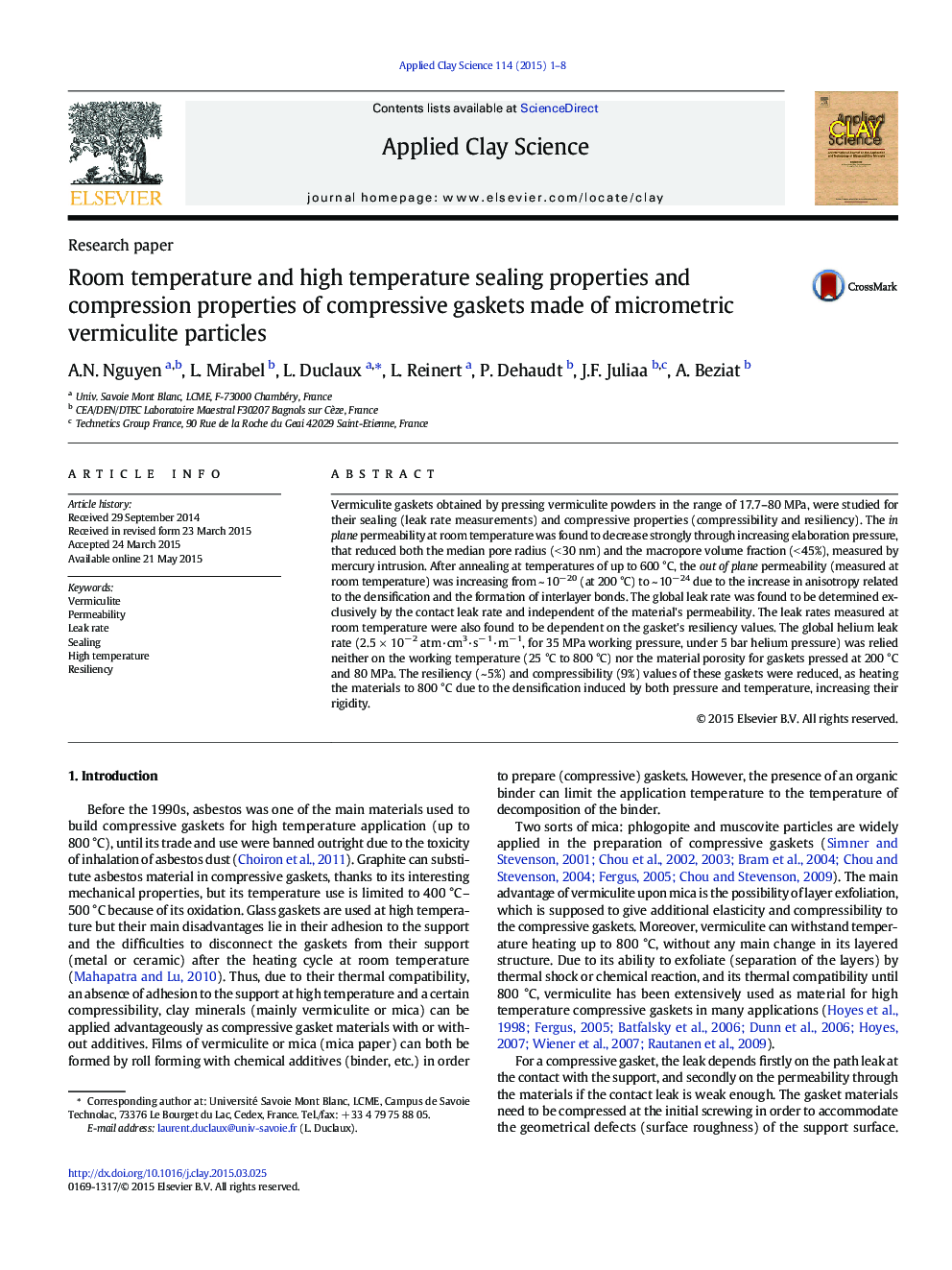 Room temperature and high temperature sealing properties and compression properties of compressive gaskets made of micrometric vermiculite particles