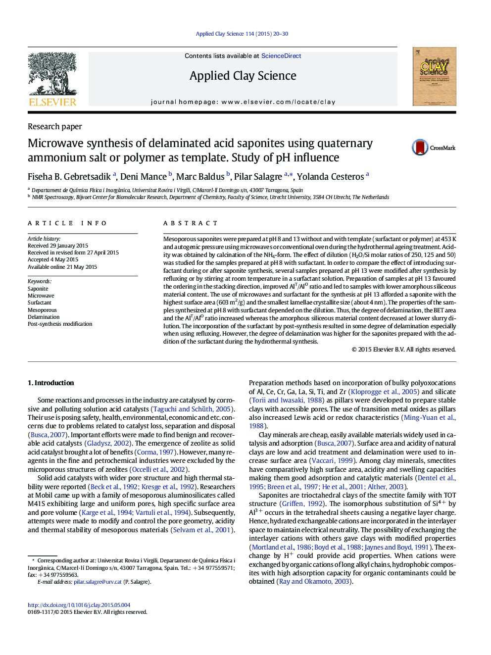 Microwave synthesis of delaminated acid saponites using quaternary ammonium salt or polymer as template. Study of pH influence