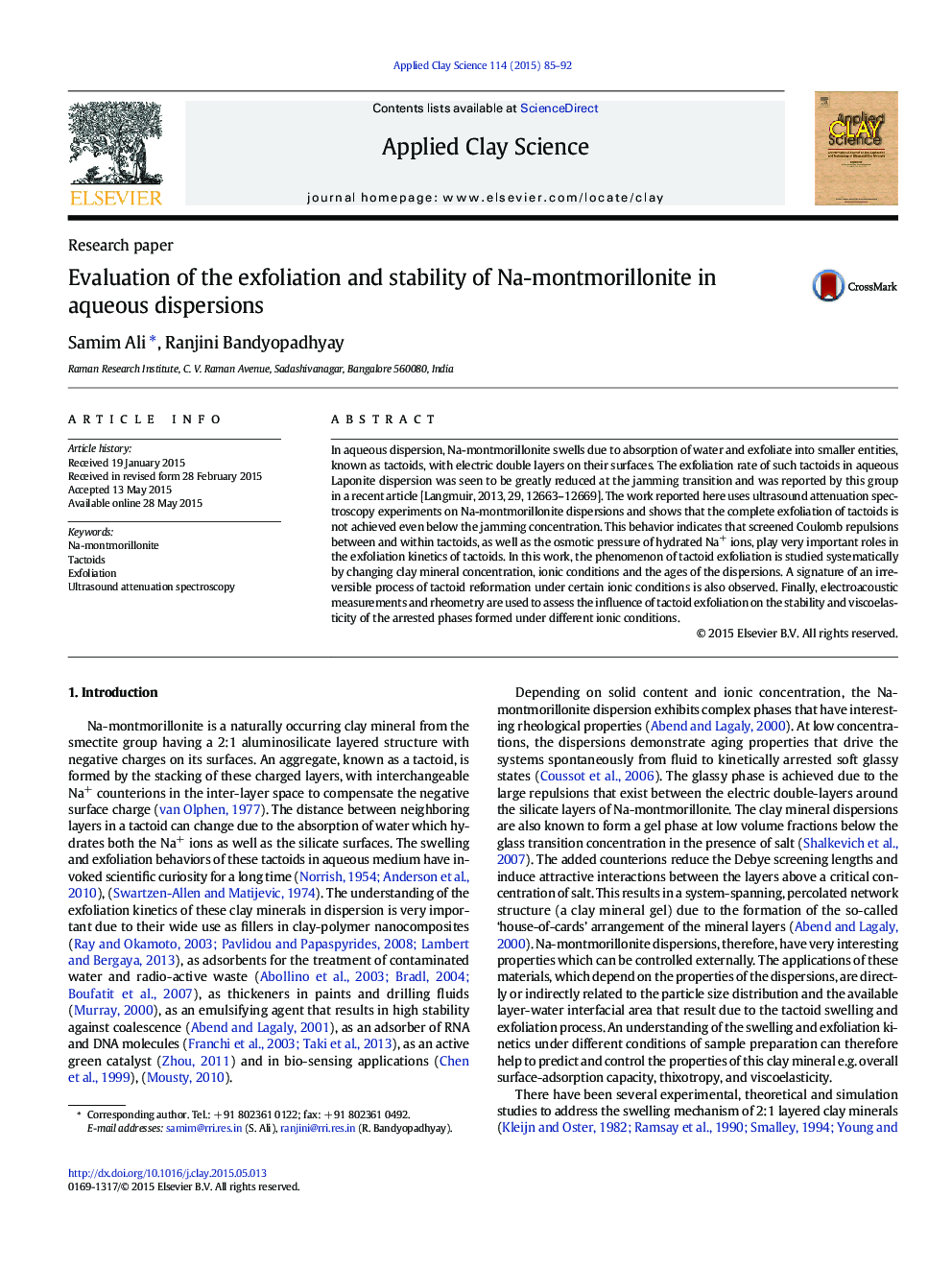 عکس صفحه اول مقاله: Evaluation of the exfoliation and stability of Na-montmorillonite in aqueous dispersions Evaluation of the exfoliation and stability of Na-montmorillonite in aqueous dispersions