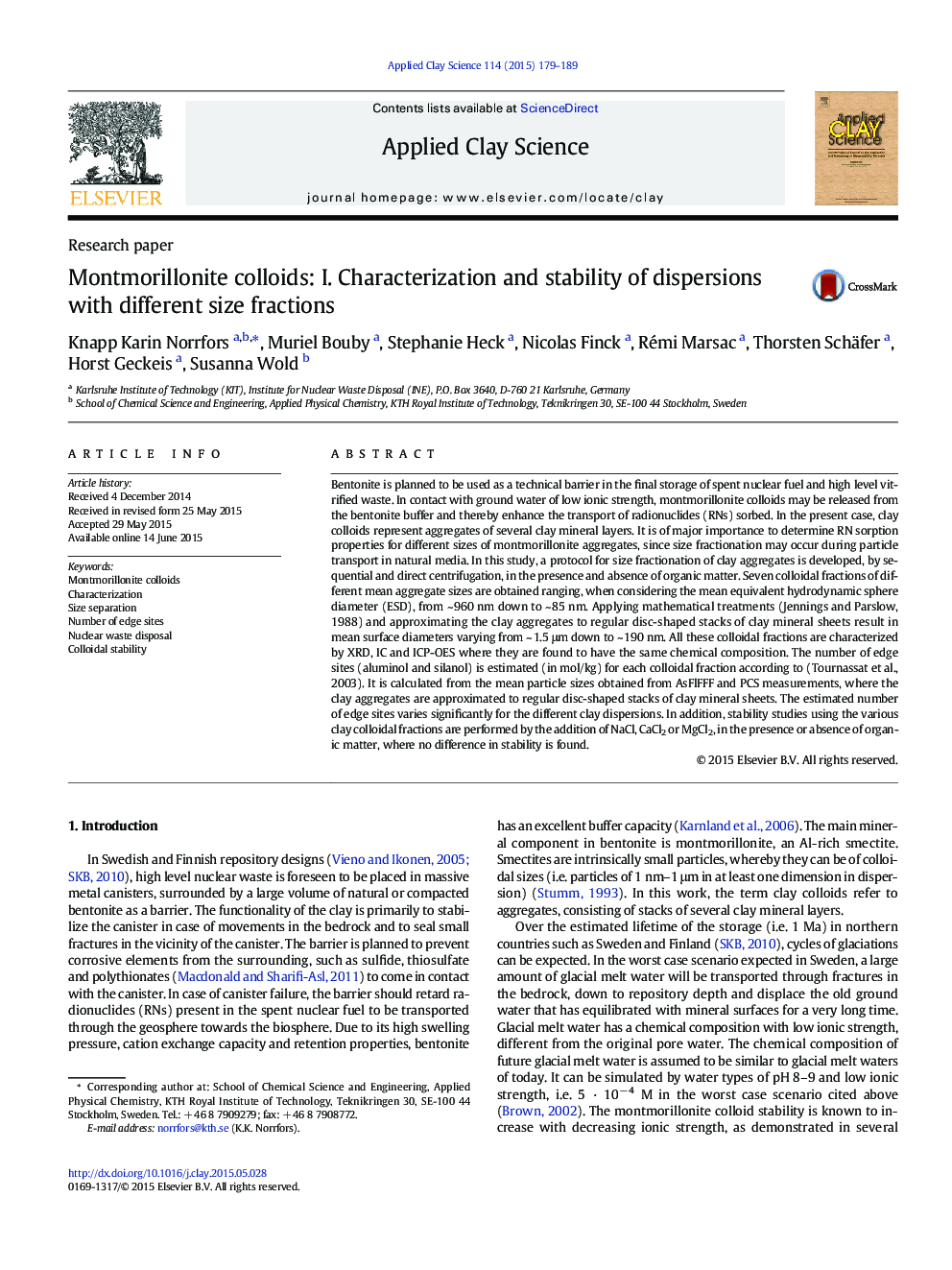 Montmorillonite colloids: I. Characterization and stability of dispersions with different size fractions